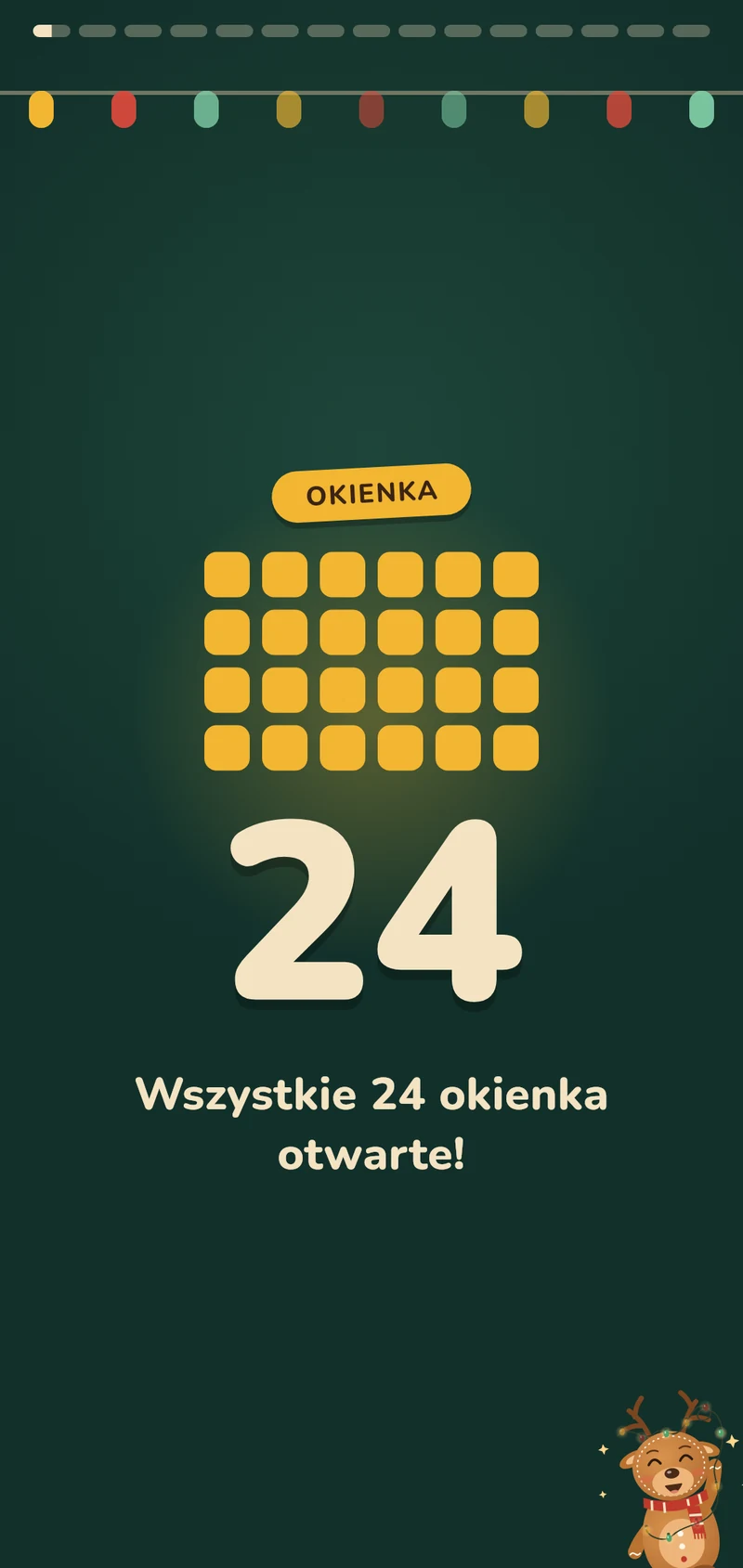Finał: wszystkie 24 okienka otwarte, ogromna liczba i girlanda lampek