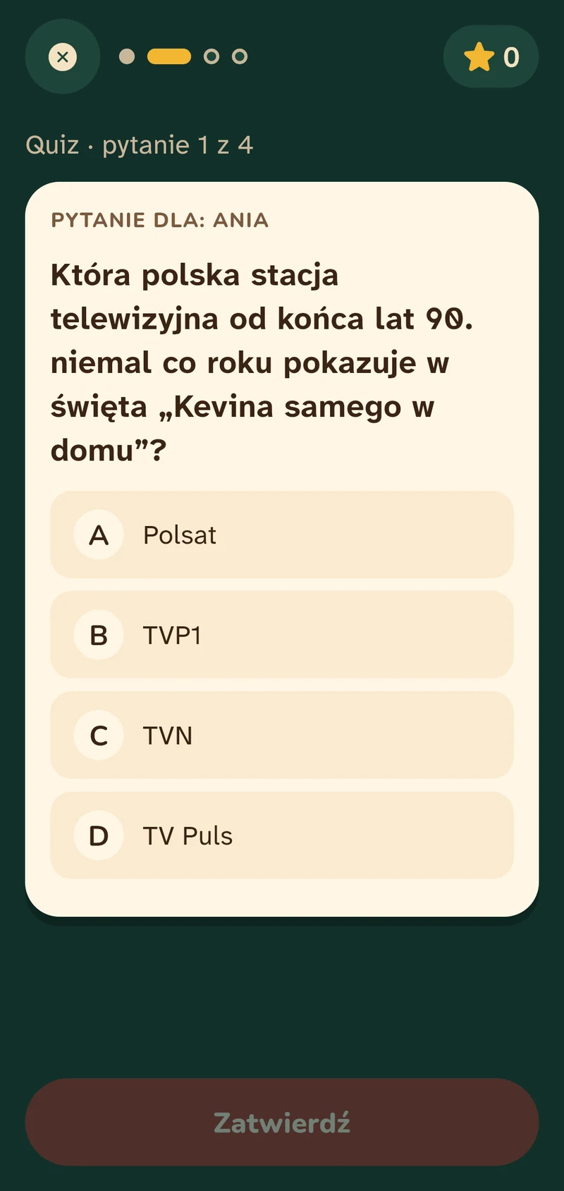 Pytanie quizu dla Ani z czterema odpowiedziami